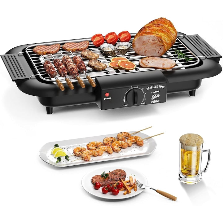Gratar Electric 6 setari de Temperatura Design cu Scurgere a Uleiului Suprafata Antiaderenta Detasabil Fara Fum si Isor de Curatat pentru Interior/Exterior Negru