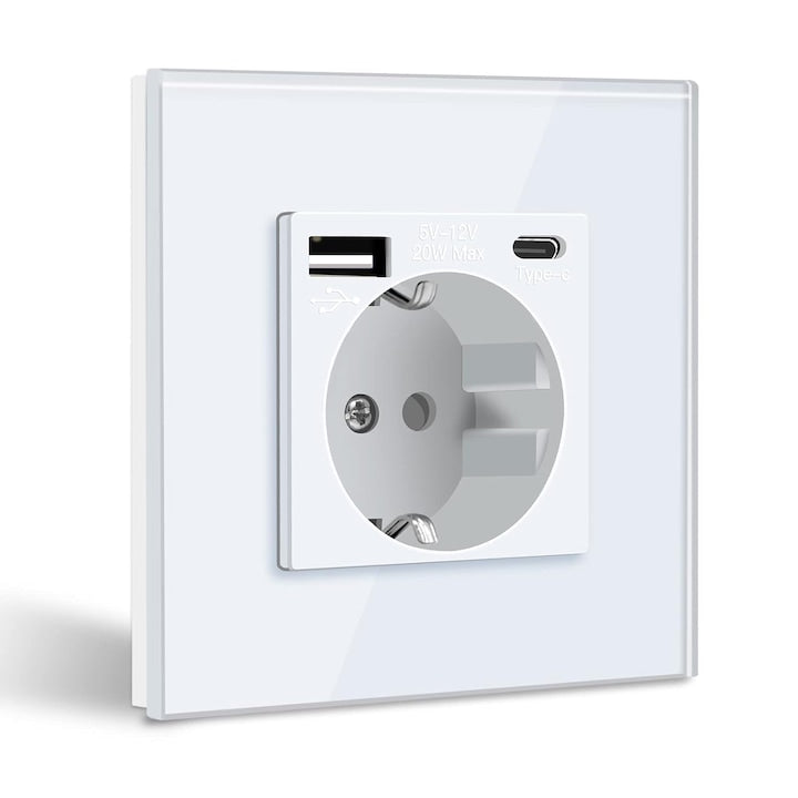 Priza simpla cu USB A+TypeC 5V 2.1A 250V 20W Curent maxim de sarcina 16A cu rama din sticla indicator luminos Cel incastrat Pentru aparatele electrocasnice conventionale 8.6 x 8.6 cm OUYLAF Alb
