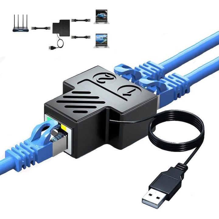RJ45 Network Splitter Adapter 1 to 2 Dual Female to RJ45 Port with USB Power Cable LAN Interface Simultaneous Internet Access for Cat5 Cat6 Cat7