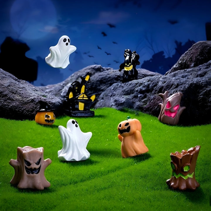 Set Mini Figurine Halloween 8 Piese Dovleac si Fantoma Decoratiuni DIY pentru Mini Gradina Terariu si Birou