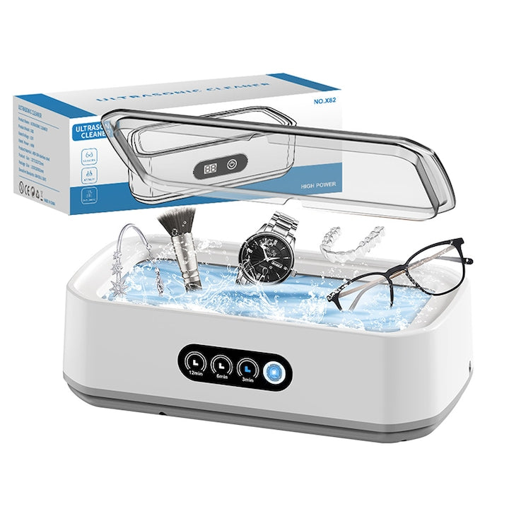 Professional ultrasonic cleaning device ZOUN suitable for jewelry, dentures, glasses, watches, coins, glass objects. 49 kHz frequency, timing function, 5 power settings, 40 W, 650 ml capacity, white color