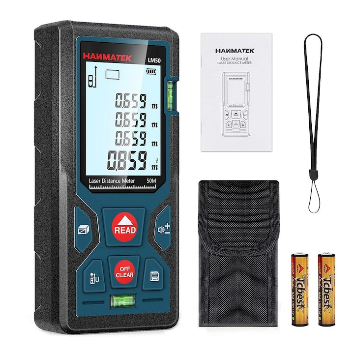 Telemetru laser 50 m precizie +/- 1.5mm protectie IP54 (ploaie si praf) JENUOS geanta protectie curea transport 2 baterii 1.5 V (AAA) Negru/Albastru