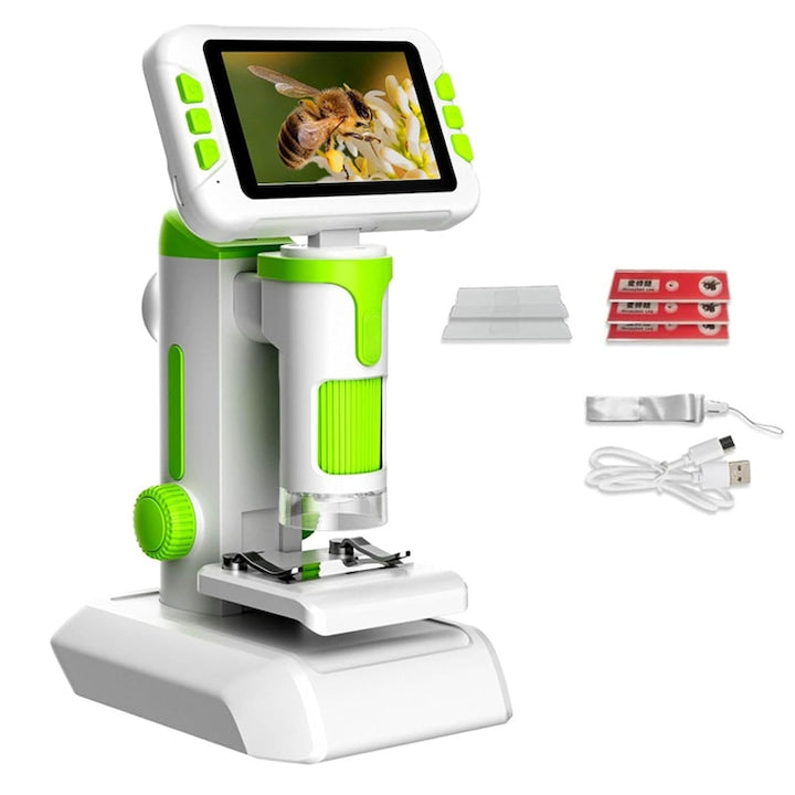Omelivon Portable Digital Microscope for Kids, 1600x, HD 720p, 6 Adjustable LEDs, Photo/Video, PC Connectivity, USB-C, 4.0 inch, Portable, Supports 128GB Card, White/Green