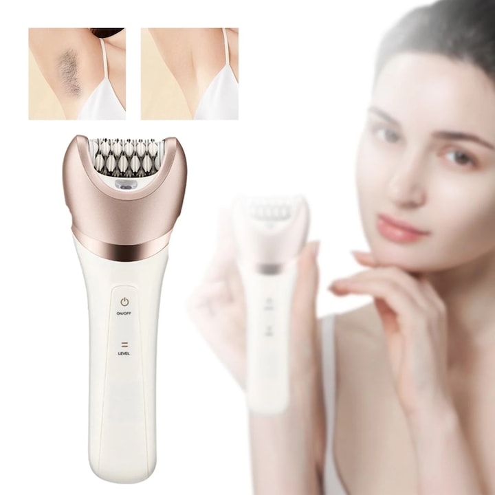 Epilator electric YANYXR BCS3099335 set 6 in 1 (epilator trimmer bikini aparat de ras perie exfolianta cap pedichiura cap de masaj) reincarcabil fara fir IPX5 alb/roz auriu