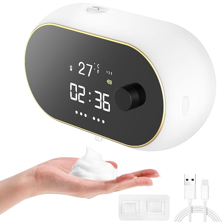 JFYU Automatic Foam Liquid Soap Dispenser, 3 Adjustable Volumes, 450ml Capacity, IPX5 Waterproof, 2000mAh Battery, Temperature and Time Display, Wall Mount, Motion Sensor, Touchless, For Bathroom, Kitchen, Hotel, Hospital, Mall, White