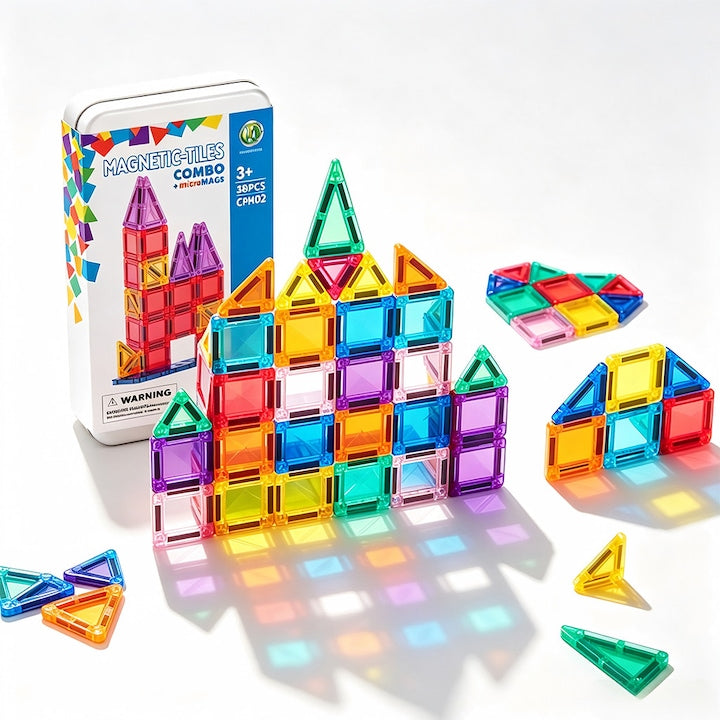 Set de constructie cu placi magnetice piese– Forme Geometrice Curcubeu Cutie Metalica Portabila (Depozitare + Baza de Constructie)