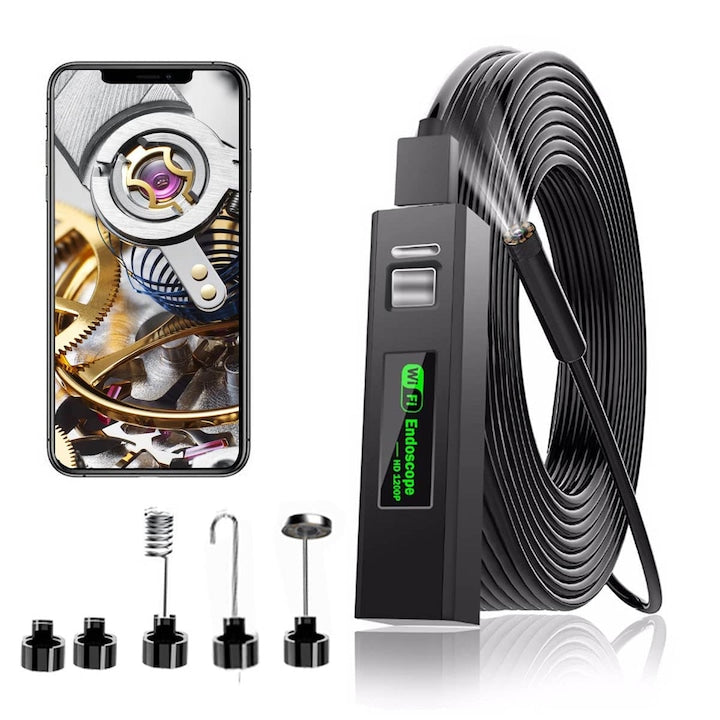 Camera endoscopica Wi-Fi HD 1200p IP68 8 LED reglabile cablu semirigid 10 m sonda 8 mm compatibila cu iOS/Android OUYLAF Negru