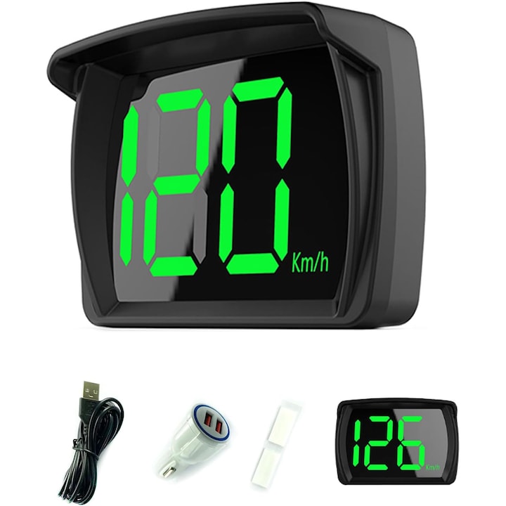 Vitezometru digital GPS Afisaj Head-Up HUD pentru masina Cu afisaj LED cu font mare si adaptor de incarcare pentru vehicul potrivit pentru masini camioane SUV-uri motociclete smart Negru