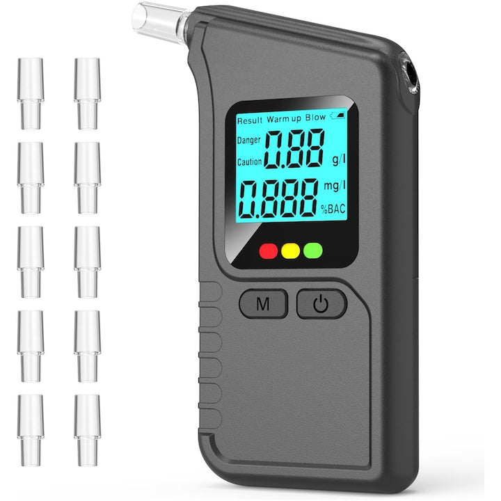 Alcool Tester Profesional cu Functie de Memorare Senzori de Inalta Precizie 10 mustiuc-uri Calibrare Automata Acuratete +/- 0.01% BAC Recunoastere Suflat Fals Analiza Rapida Display Digital LCD Cu franghie de protectie OUYLAF Negru
