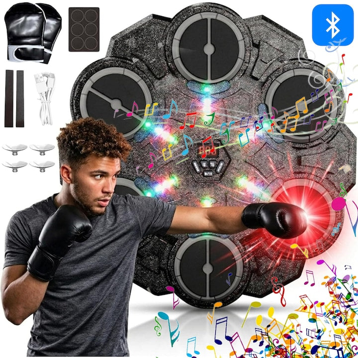 Aparat de Box Muzical Swejah LED Bluetooth ABS USB 3 Moduri 9 Viteze Fara Gaurire Montare pe Perete Difuzor Incorporat 12H cu Manusi Ventuze Covorase Antiderapante Banda Scai 33.5*36.5*3.7cm Negru