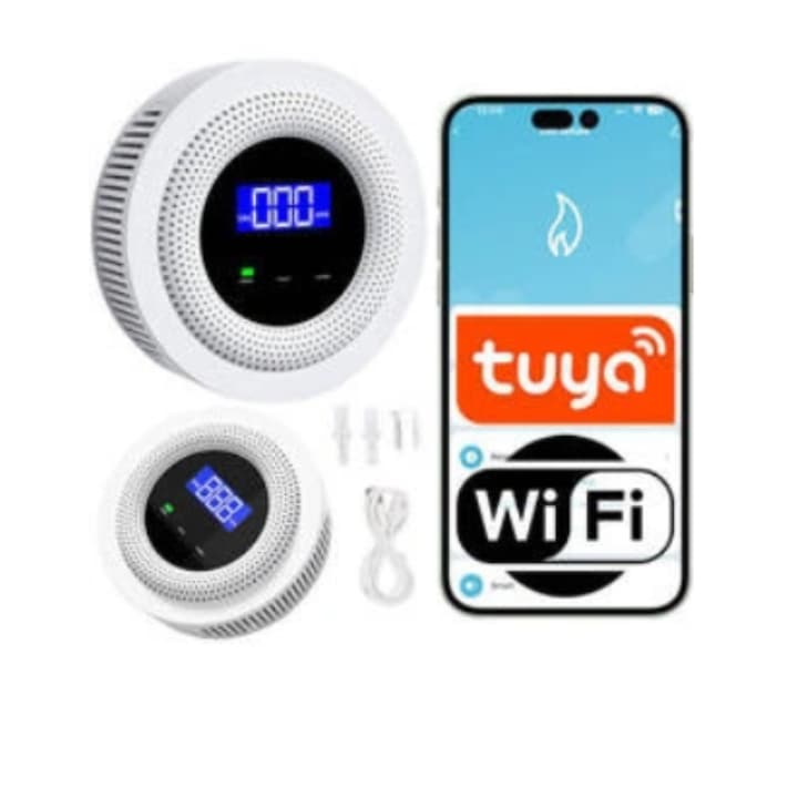 Senzor detector de Gaz Simply pentru Detectie scurgere de gaze Wifi 2.4G Alarme prin aplicatia Tuya Senzor de temperatura Afisaj LCD al concentratiei alimentare la priza foarte precis pentru bucatarie baie depozit garaj alb