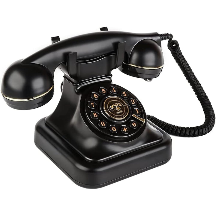 Telefon fix retro negru design clasic cu butoane de apel cablu textil