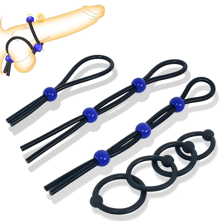 Penis Ring Adjustable Diameter Sex Toys Protrusion Stimulation For Improved Erection Delayed Ejaculation Time 7 pieces Waterproof Silicone Black Blue