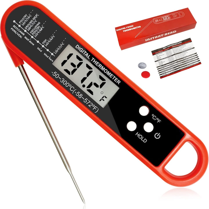 Digital food thermometer for liquids, meat thermometer, stainless steel probe, -50 - 300 °C, foldable design, with magnet, mini portable, red
