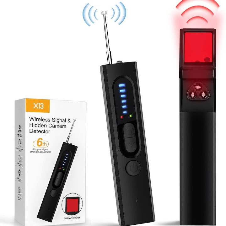 Detector Profesional Anti Dispozitive de Spionaj Supravegherea pozitiei GPS Sa nu fie localizati sa nu fie auziti sa nu fie fotografiati sa nu fie ascultati la telefon Detectare Semnal pana la 10 Metri Sensibilitate Ajustabila pe 6 Nivele