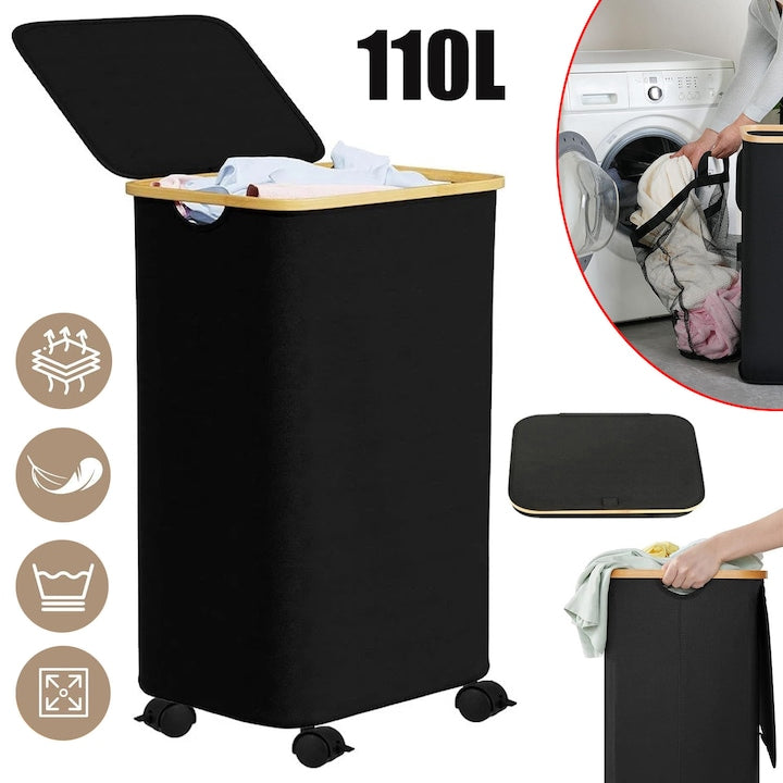 CHOOLY Foldable Laundry Hamper, 110L capacity, bamboo frame, removable inner bag, 74x40x33cm, black