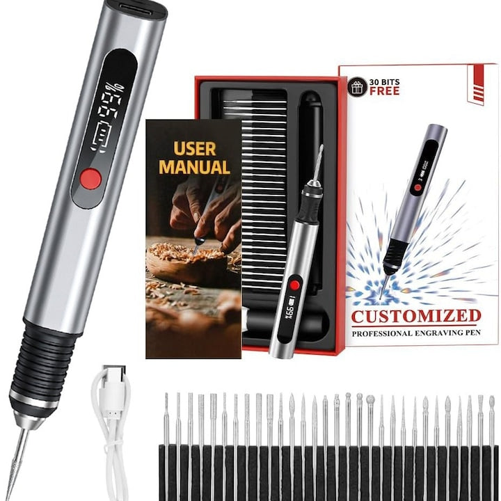Set de stilouri de gravat ZOUN 30 de burghie diferite potrivit pentru incepatori/profesionisti bricolaj maner ergonomic trei niveluri de reglare ecran LCD incarcare prin USB culoare argintie