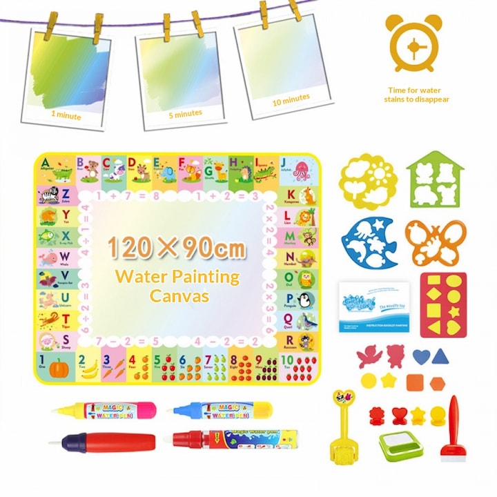 Acest set de jucarii educative si interactive include un joc cu covor magic colorat desen si pictura in acuarela potrivit pentru baieti si fete cu varsta de la 2 ani in sus. Masoara 120 x 90 cm