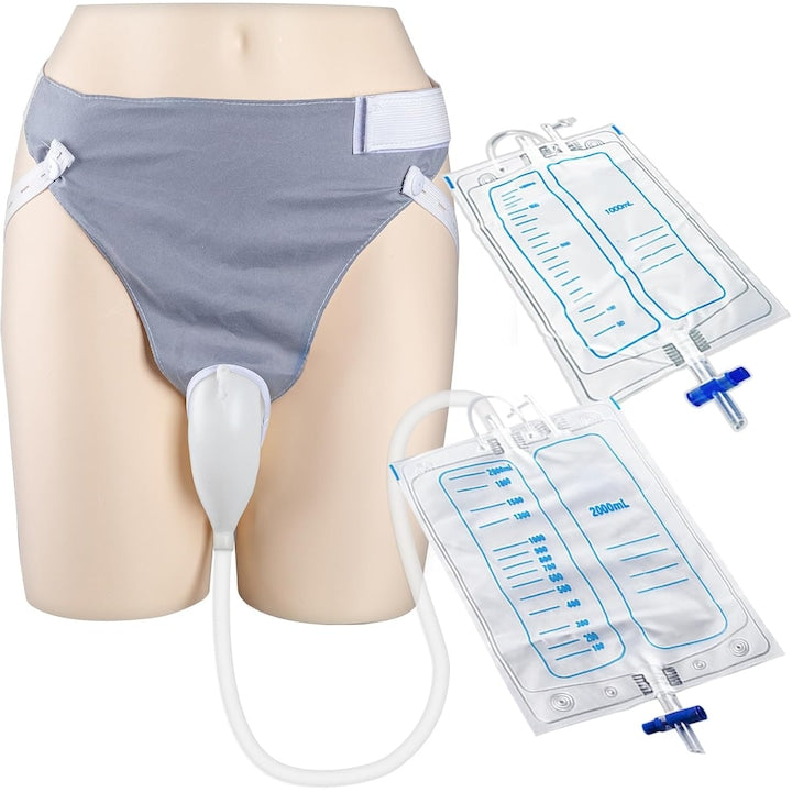 Portable urinary collector set, 2 drainage bags 1000/2000 ml, reusable silicone catheter, adjustable cotton pants, grey, for elderly men
