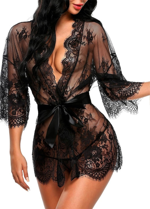 Majurphy - Lenjerie sexy dama Roba kimono dantela Babydoll Lenjerie din plasa poliester Negra XL