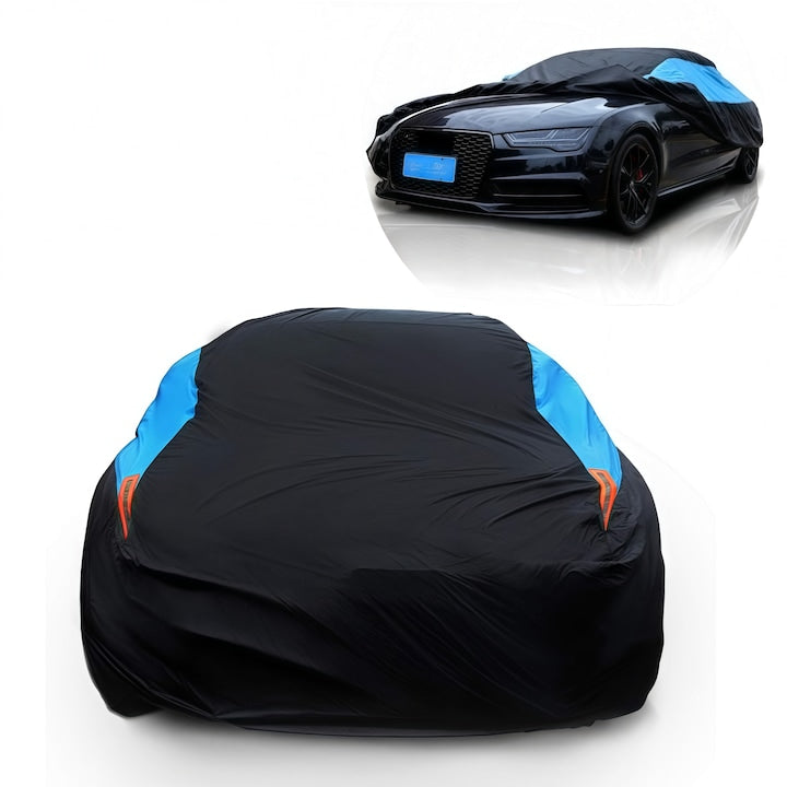Premium Car Tarpaulin Wacorresi Universal Waterproof Car Cover with Reflective Strips, Safety Warning, Adjustable Elastic Hem, Three Wind-Resistant Straps, Easy to Clean, For Sedan, 480x190x150cm, Black/Blue