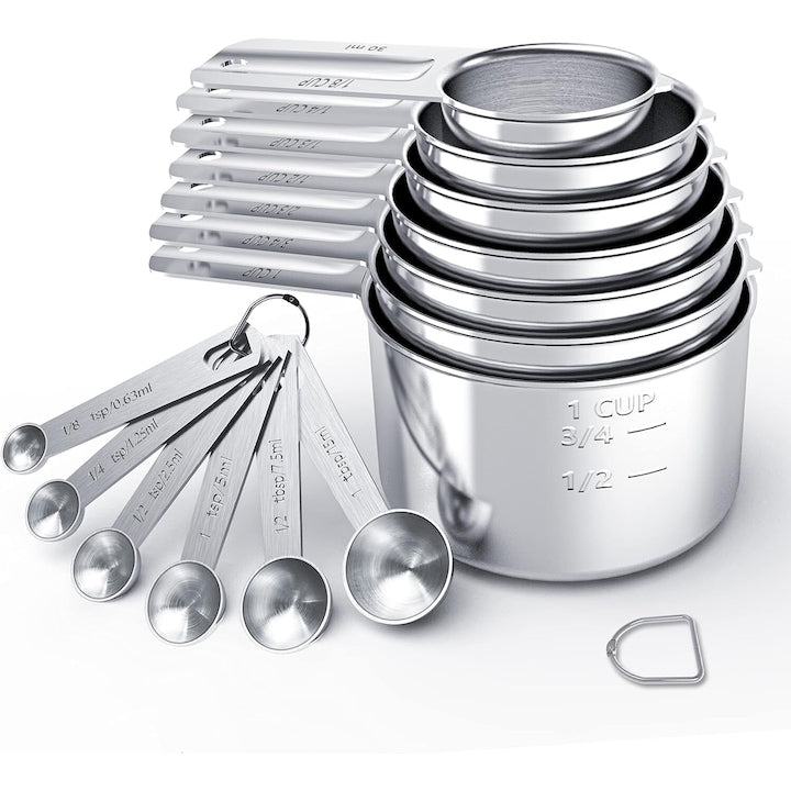 Set 13 ustensile pentru bucatarie 6 linguri de masurat si 6 cupe de masurat tabel pentru masurare suport magnetic otel inoxidabil