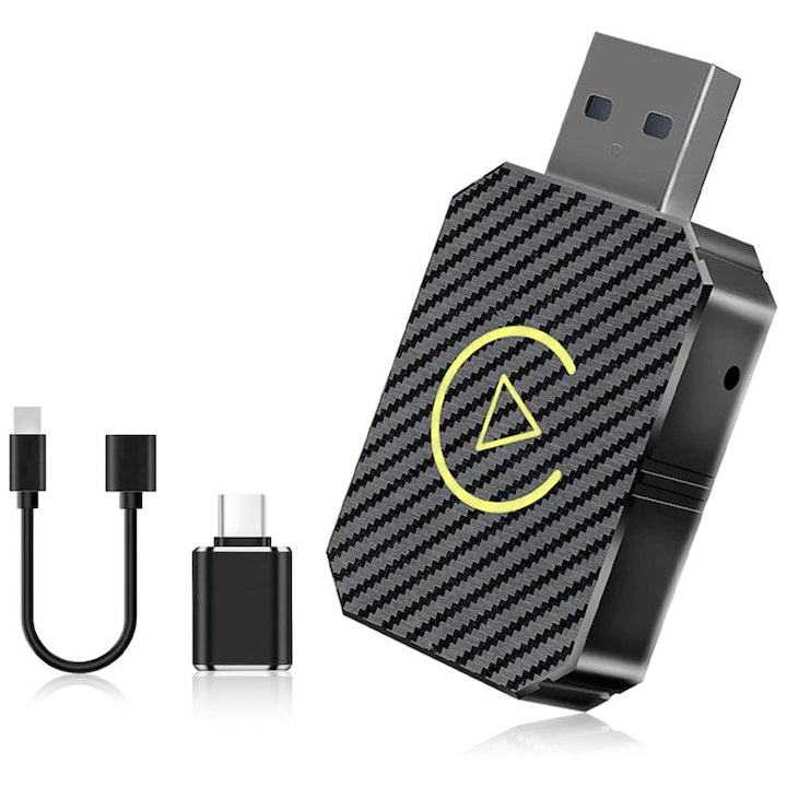 Adaptor Auto Wireless 2 in 1 Compatibil cu iPhone Carplay Duueyct Pentru Android auto Bluetooth 5.0 USB/USB-C Plug&play Compatibill iOS 10+ si android 13+ Dimensiuni Reduse 4cm X 2.8cm Negru