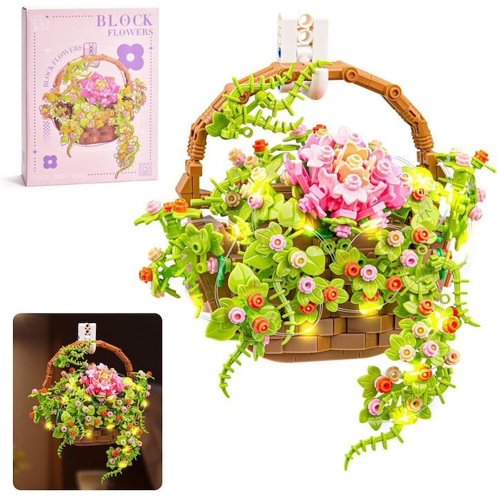 Set de constructie flori 691 piese Flori cos Bonsai Plante cu lumina LED Botanical Collection Decor de perete