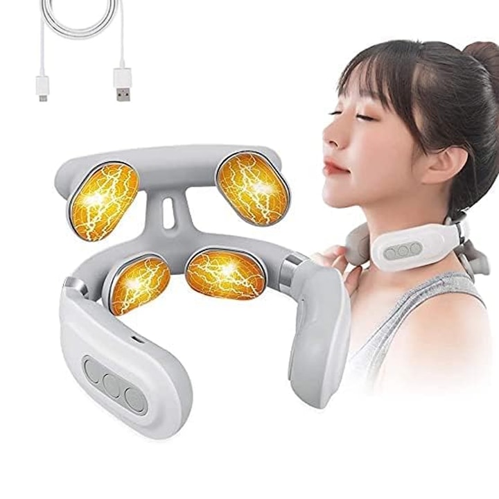 Aparat De Masaj Cervical SINBINTA Cu incalzire Impulsuri electromagnetice 5 moduri de masaj 9 nivele de intensitate Portabil Reduce stresul si oboseala Amelioreaza durerile pentru gat ABS 14x14.5cm Alb