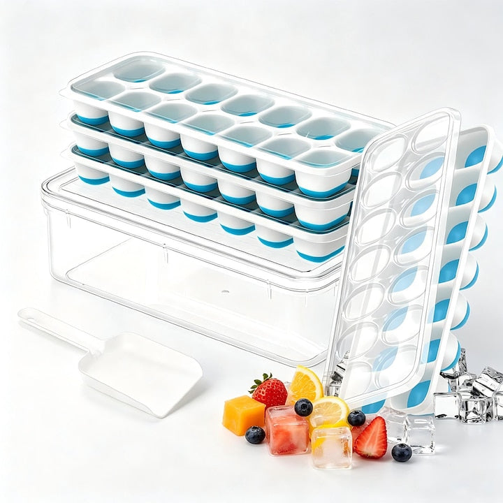 Set 4 Forme Cuburi de Gheata 4 Tavi x 14 Cuburi + Cutie cu Capac + Lopatica Silicon Soft Bottom Usor de Scos Stivuibil Albastru