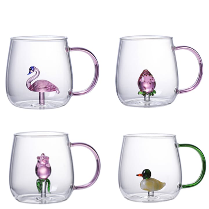 Set 4 Cani 3D WALALLA Sticla termorezistenta Multicolor 400ml