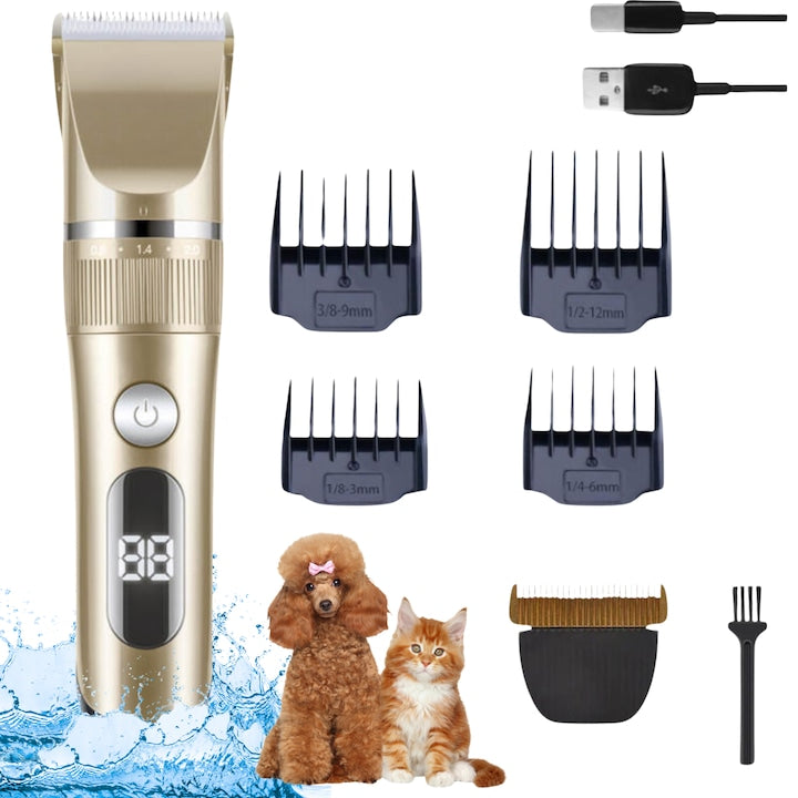 Masina de Tuns animale Infiniteea™ pentru Caini si Pisici Profesionala Rezistenta la apa Fara Fir Ecran LED Lama Ceramica de Rezerva Cablu USB si 4 Accesorii de Tuns incluse Aurie
