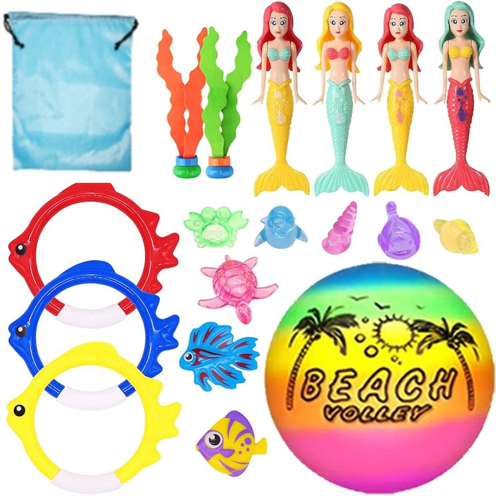 Set 18 jucarii piscina accesorii sporturi acvatice cu sac de depozitare Galben