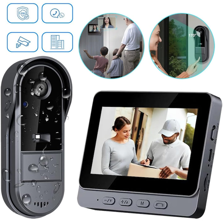 Sonerie Video Wireless Cu Monitor 480P Audio Bidirectional De Inalta Definitie Vedere Nocturna Vedere La 170° Ecran IPS De 4 "3" Sistem De Interfon Video IP65 Impermeabil Fara WiFi/Aplicatie