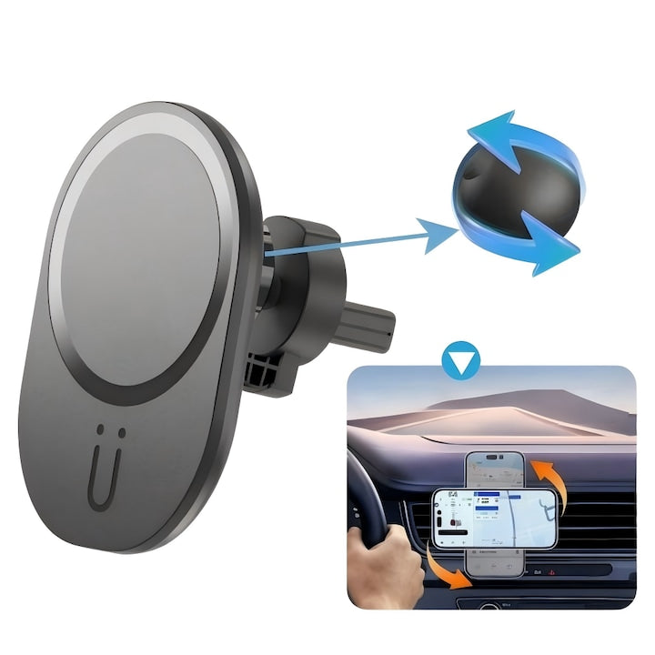 Incarcator Auto Wireless Magnetic suport auto magnetic MagSafe accepta incarcare wireless rapida Qi2 15W rotatie 360° compatibil cu toate telefoanele magnetice (Android si Apple) interfata USB negru