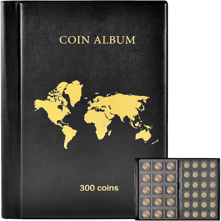 Album de monede clasor de monede 300 buzunare cu buzunare separate doua dimensiuni potrivit pentru colectare si expunere monede convenabil Negru
