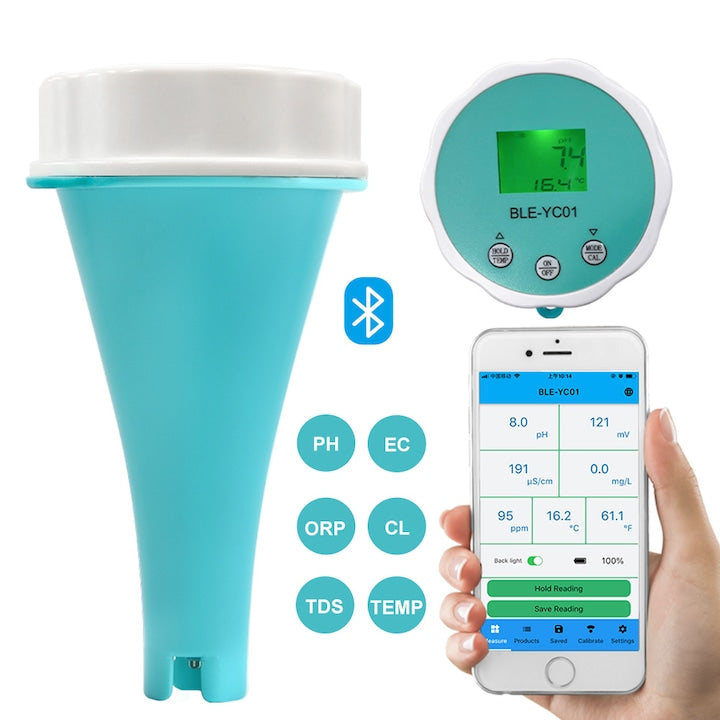 Smart 6-in-1 Bluetooth Floating Water Quality Tester for Pools, Spas, Hydroponics; tests pH, EC, ORP, Chlorine, Salinity, and Water Temperature; LCD Screen; Turquoise/White