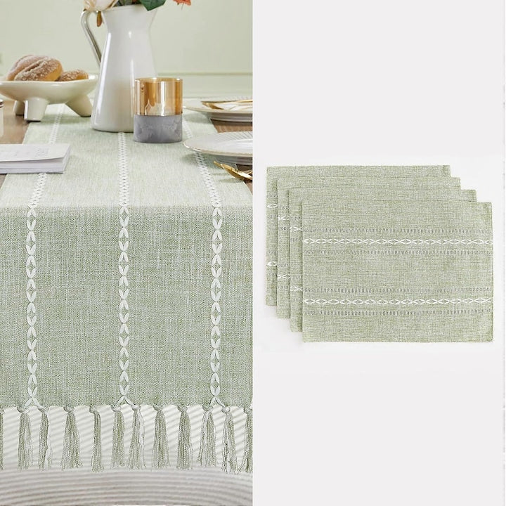 Set 5 piese runner si servetele masa bumbac in verde 33x183cm si 30x46cm