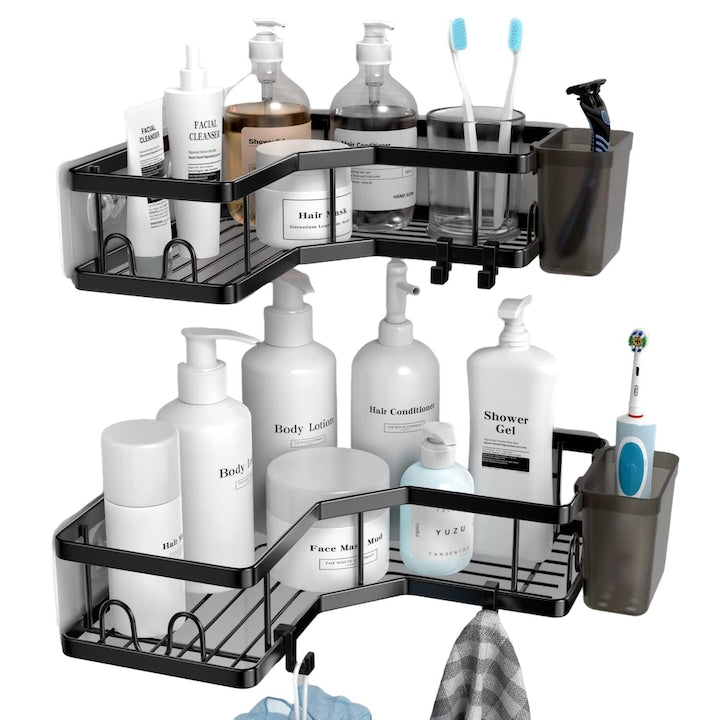 Set 2 etajere pentru dus pentru colt Otel inoxidabil Negru