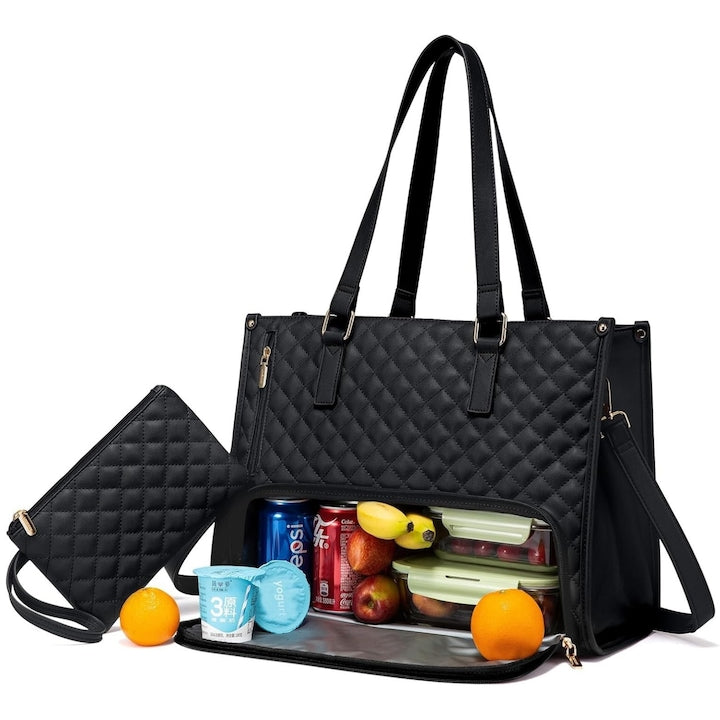 Geanta pentru laptop Smart casual pentru Business/ Calatorii Rezistenta la apa 15 6 inch De umar sau de mana Capacitate mare Piele Pranz Tote sac pentru Cu compartiment izolat pentru pranz Negru carbon