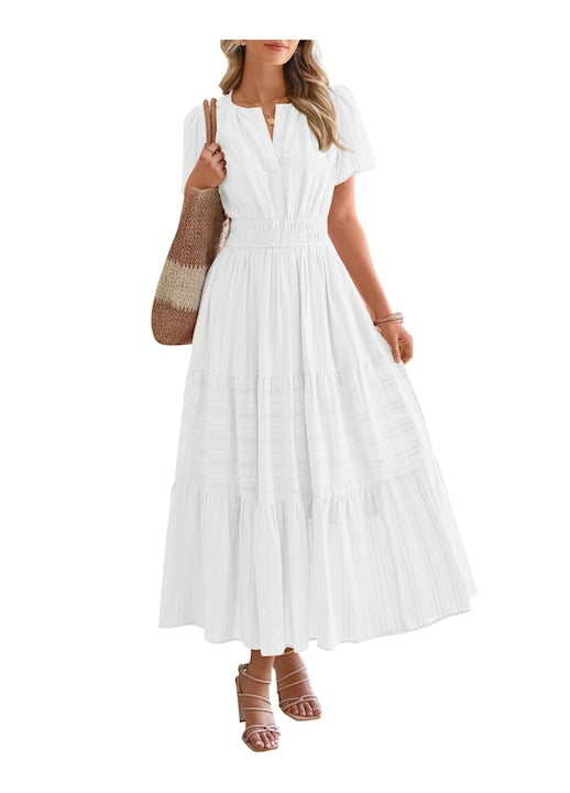 PHIKER - White maxi dress with short sleeves, V-neck, elastic waist, with pockets, for summer, White, 12 interest-free installments
