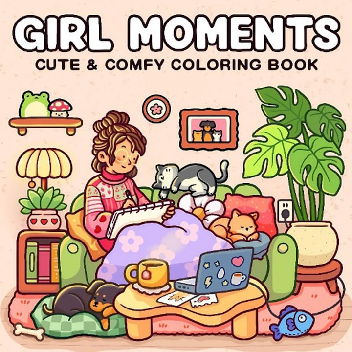 Carte de Colorat Rqiurpn Girl Moments Coperta Cartonata Desene Haioase Animale 40 pagini 21x21cm pentru adolescenti si Copii