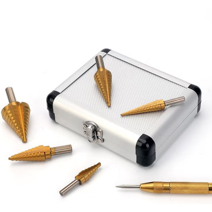 Set burghie in trepte 6 Piese Cu perforator central automat si cutie aluminiu bricolaj la domiciliu Usor de transportat depozitat Pentru mesteri profesionisti Titan/Otel 3-35 mm Auriu