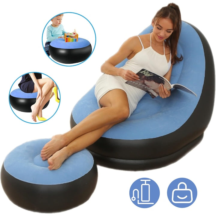 Inflatable Lounger with Footrest Indoor and Outdoor Lounger Inflatable Leisure Sofa Portable Durable Inflatable Armchair Set with Pouf for Garden Bedroom Home Living Room Gaming