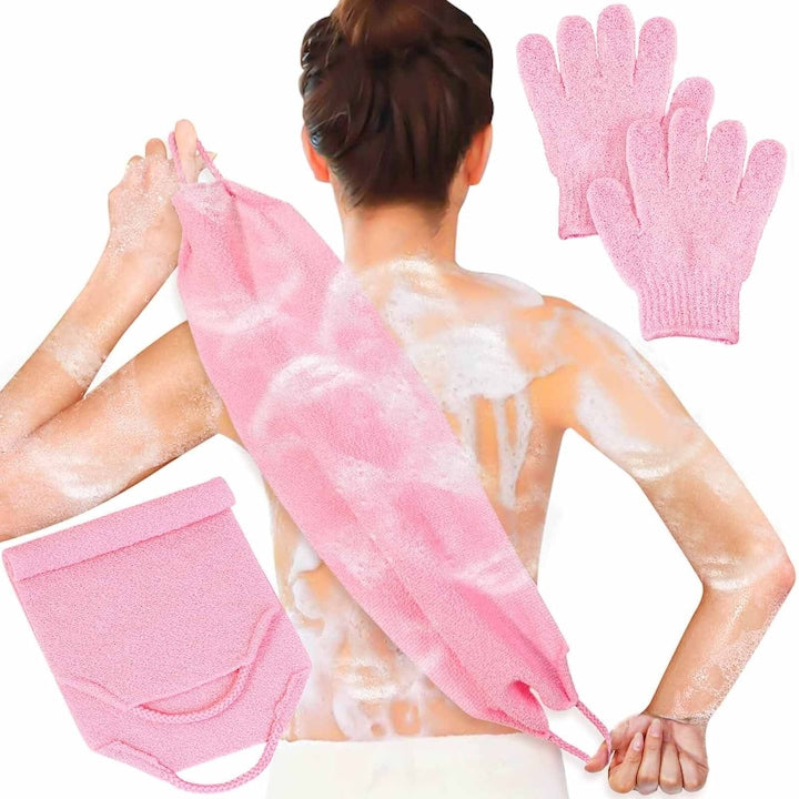 Burete de spalat pentru spate SINBINTA Kit de exfoliere Cu manusa exfolianta pentru corp Usor de utilizat Elastica Cu doua fete Pentru indepartarea celulelor moarte ale pielii Stimuleaza metabolismul pielii Curatare Nylon 45*20cm Roz