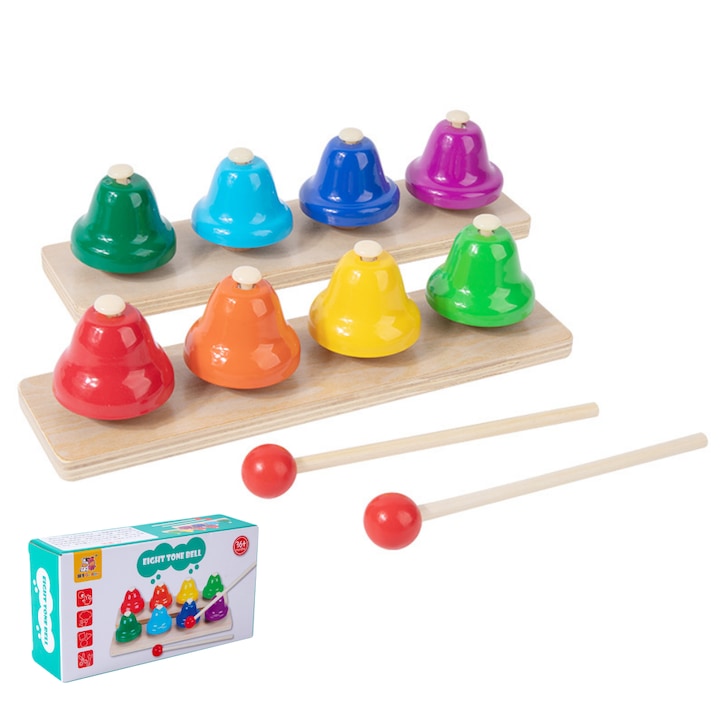 Set clopotei muzicali Fantasy instrumente muzicale de jucarie Instrumente de percutie Orff Clopotel cu opt tonuri 8 tonuri multicolor Din lemn 22x6x6cm Colorat