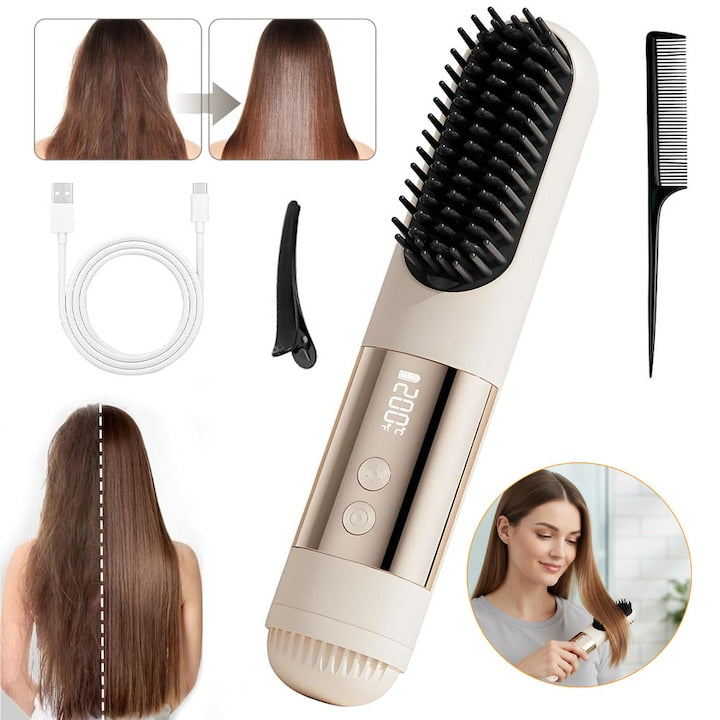 Cordless Hair Straightening Brush, 2600 mAh Portable Heated Comb, USB Rechargeable with 3 Temperature Settings, LED Display, Mini Styling Comb for Travel and Daily Use