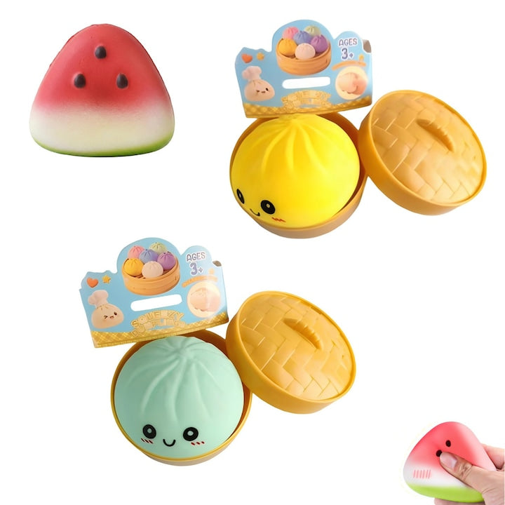 Set 3 Jucarii Antistres Squishy Galuste Model 2 Chifle Galben si Verde + Felie Pepene cu Cos de Abur Revenire Lenta Senzoriala