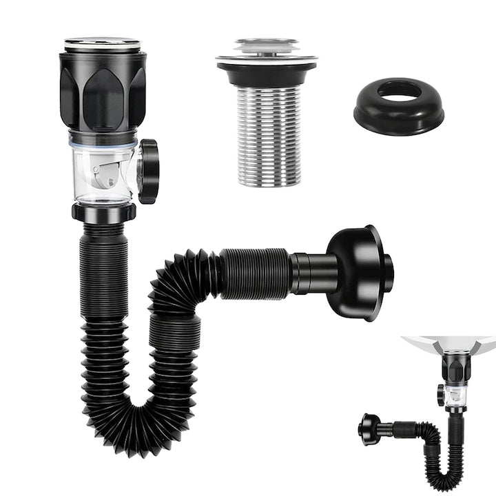 Chooly Sink Drain Kit, Flexible Hose, Pop-up Plug, Black, 25x22x7cm