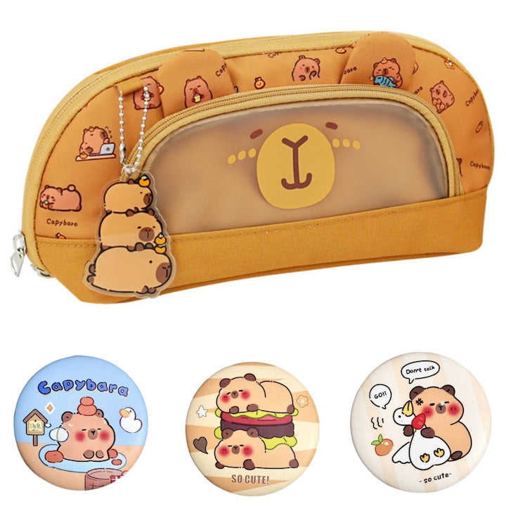 School Pencil Case for Students, Kapybara Model, Includes a keychain and 3 badges, 2 zippers, 4 storage compartments, Wide-opening design, Large capacity, Easy to clean, Multifunctional, 23x7.5x11cm, Canvas